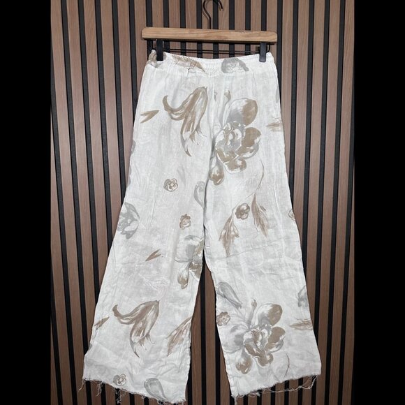 Venti6 Pants Small Womens White Floral Pull On Drawstring Frayed Flowy Relax Fit - Picture 2 of 8